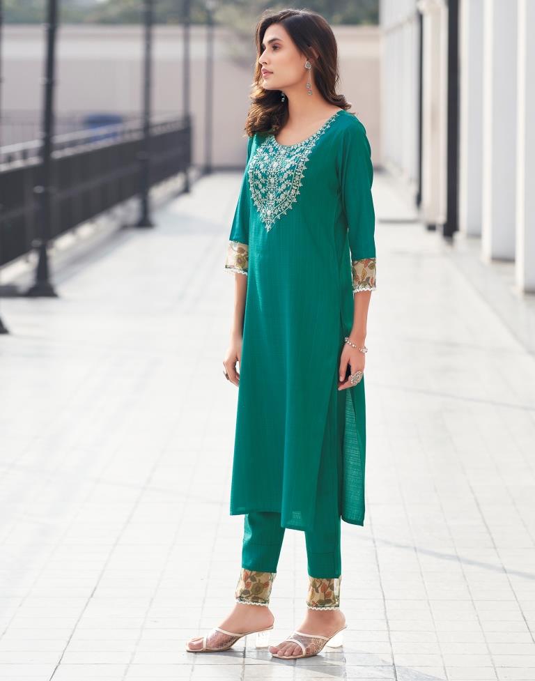 Teal Green Silk Embroidery Straight Kurta Set