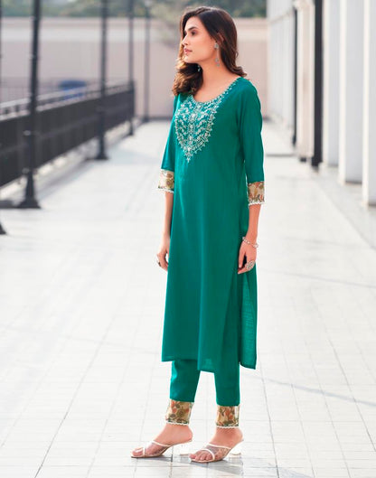 Teal Green Silk Embroidery Straight Kurta Set