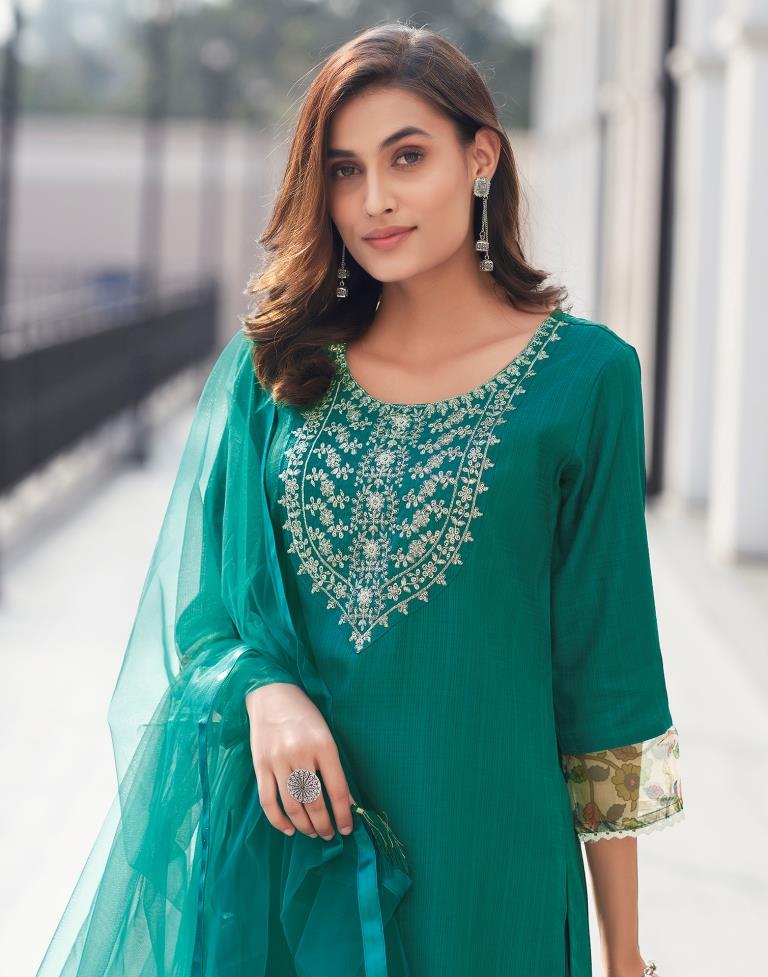 Teal Green Silk Embroidery Straight Kurta Set