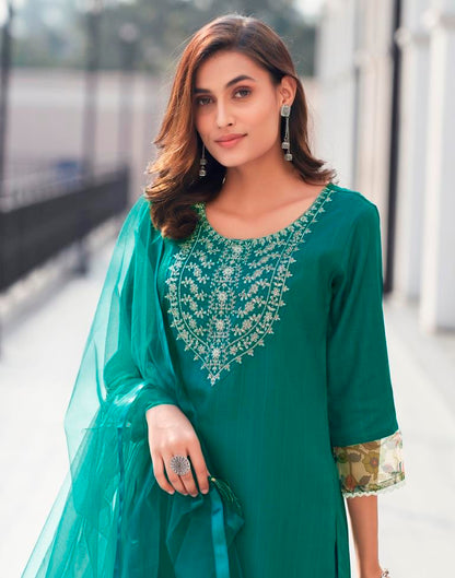 Teal Green Silk Embroidery Straight Kurta Set