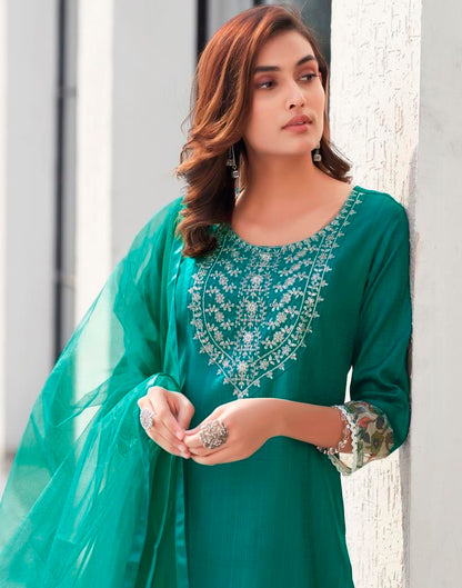 Teal Green Silk Embroidery Straight Kurta Set