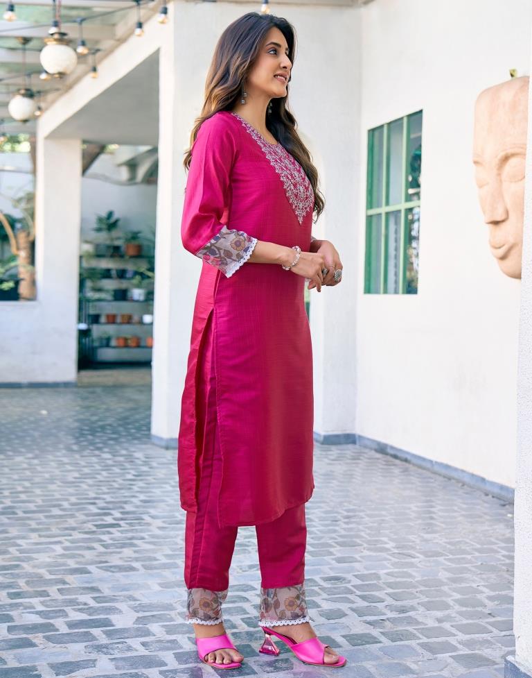 Pink Silk Plain Kurta Set With Duptta