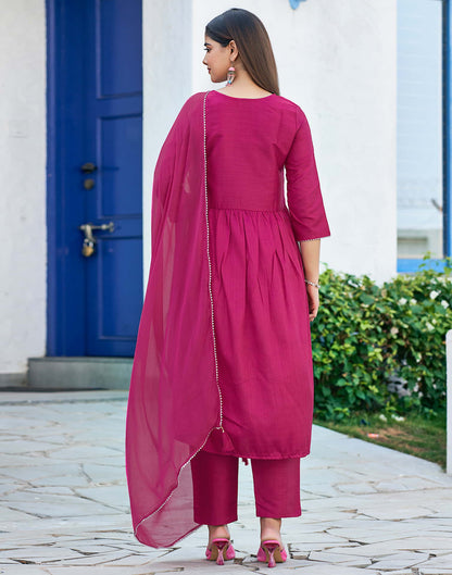 Dark Pink Sequence Silk Flared Kurta With Pant And Dupatta