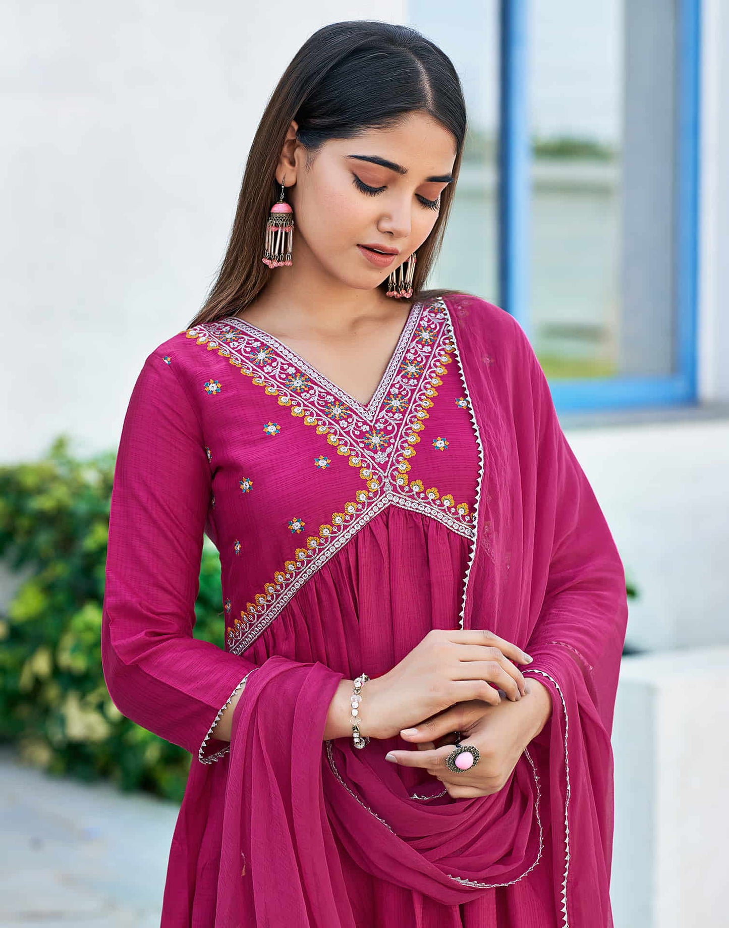 Dark Pink Sequence Silk Flared Kurta With Pant And Dupatta