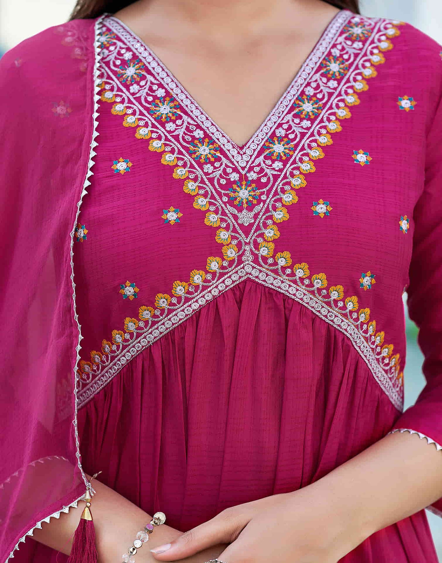 Dark Pink Sequence Silk Flared Kurta With Pant And Dupatta