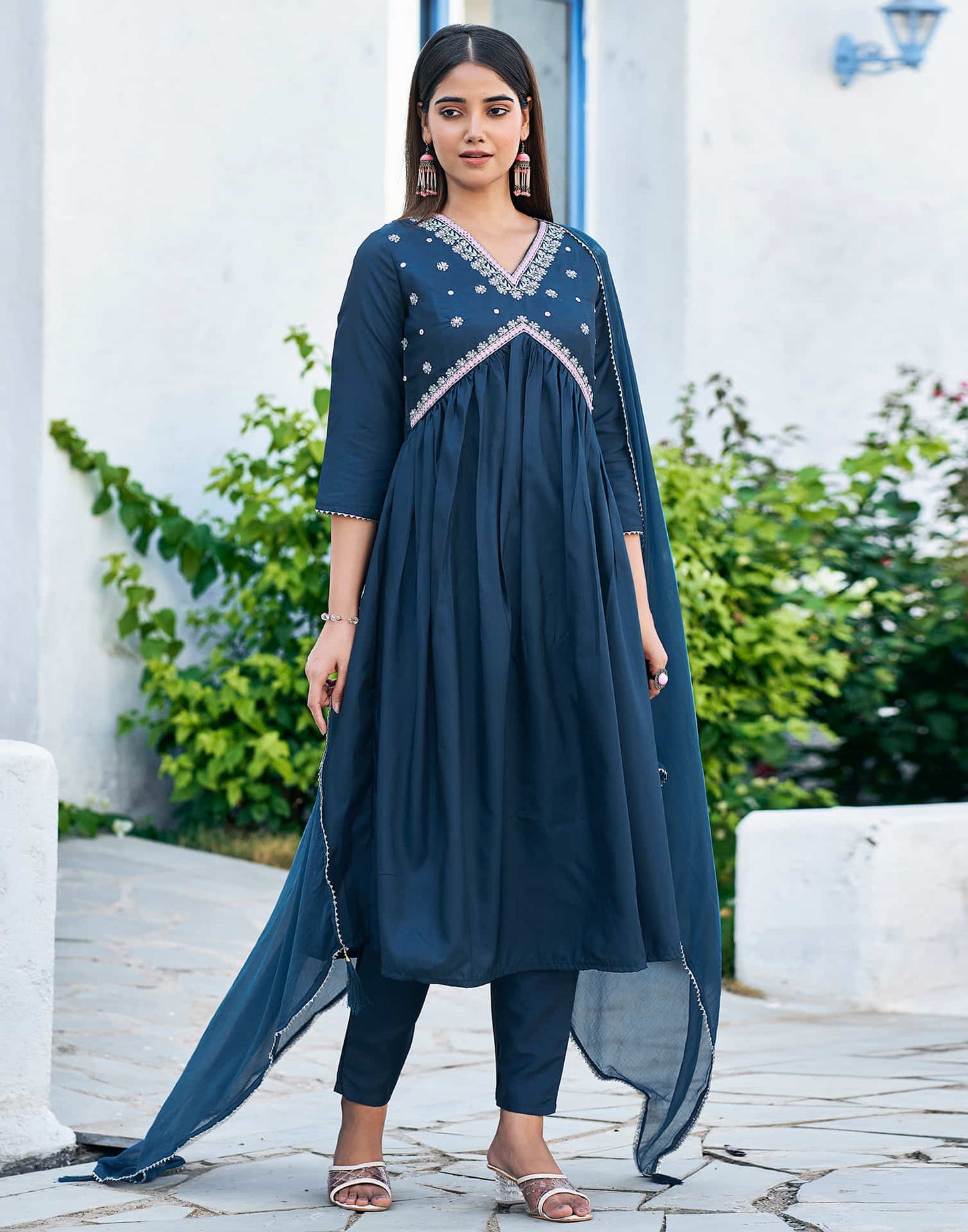 Teal Blue Sequence Silk Flared Kurta With Pant And Dupatta