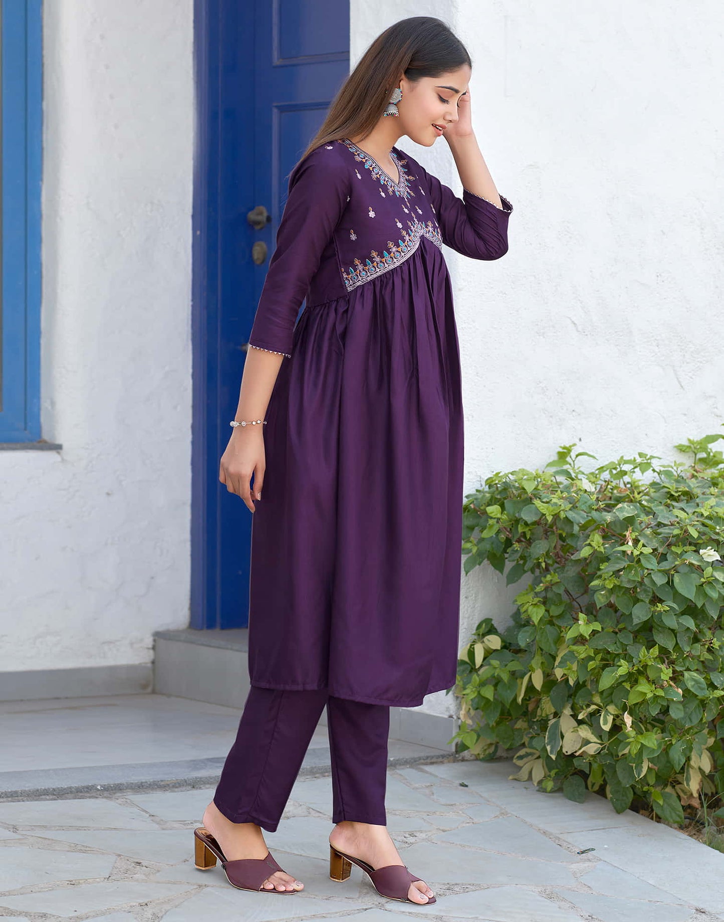 Dark Purple Sequence Silk Flared Kurta With Pant And Dupatta