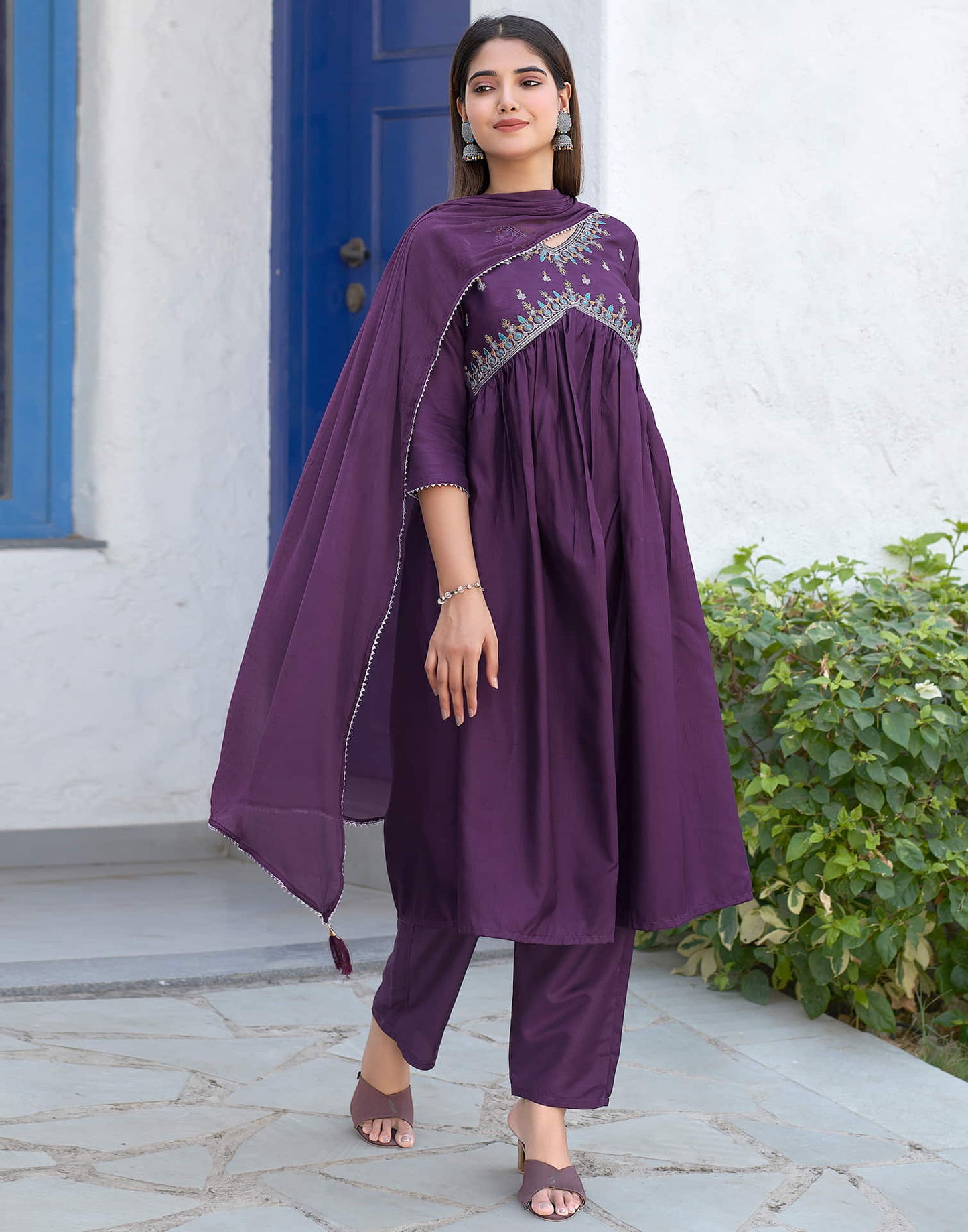 Dark Purple Sequence Silk Flared Kurta With Pant And Dupatta