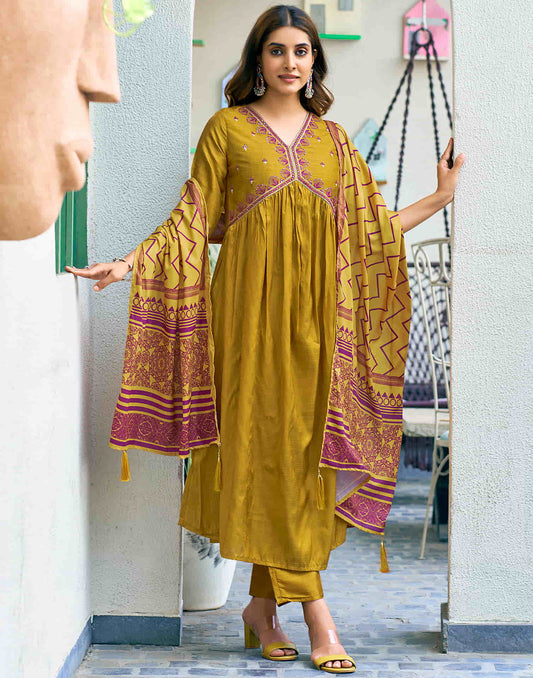 Mustard Yellow Sequence Simba Check Flared Kurta With Pant And Dupatta