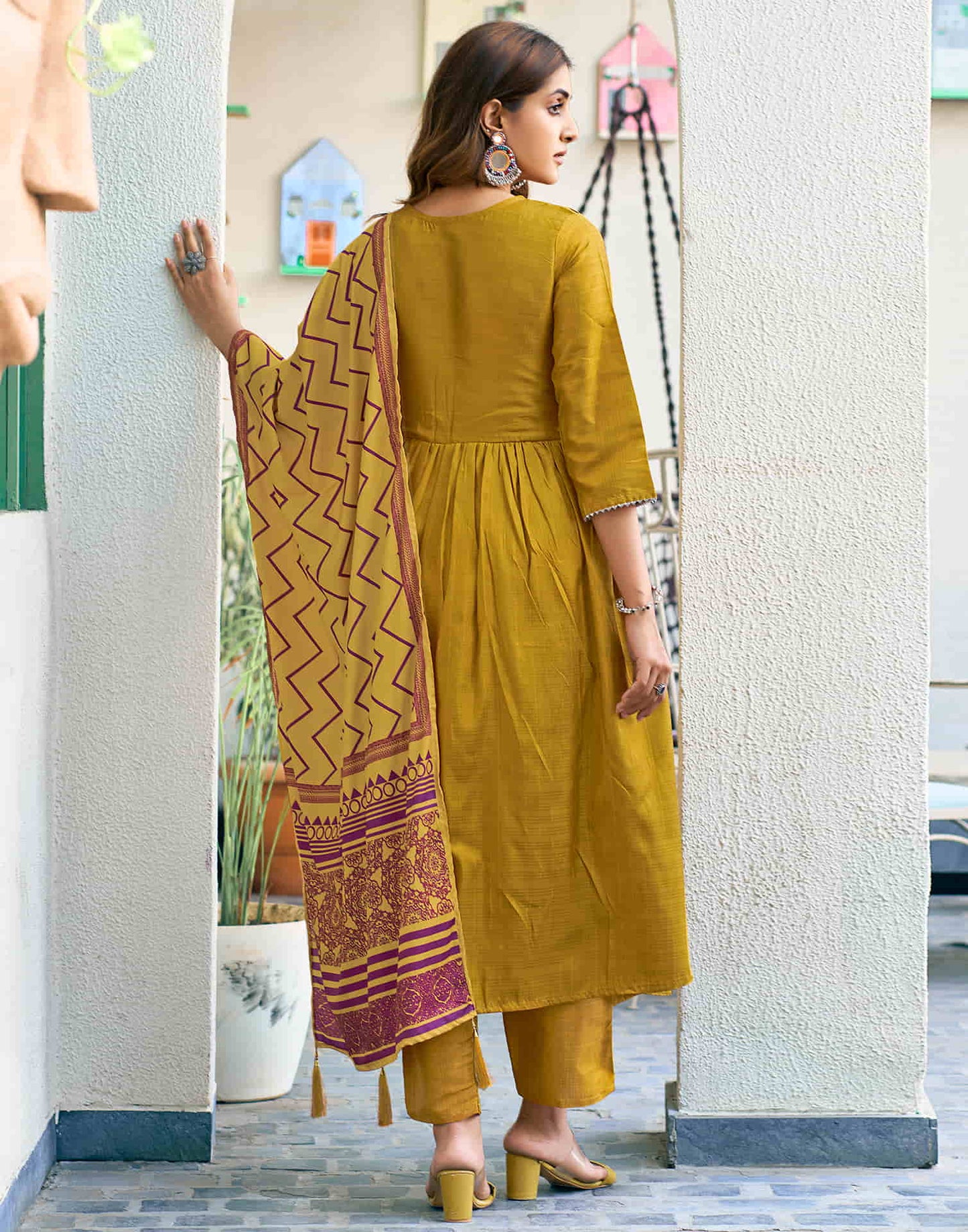 Mustard Yellow Sequence Simba Check Flared Kurta With Pant And Dupatta