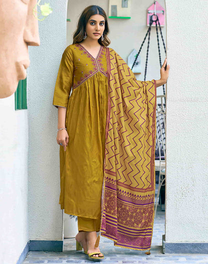 Mustard Yellow Sequence Simba Check Flared Kurta With Pant And Dupatta