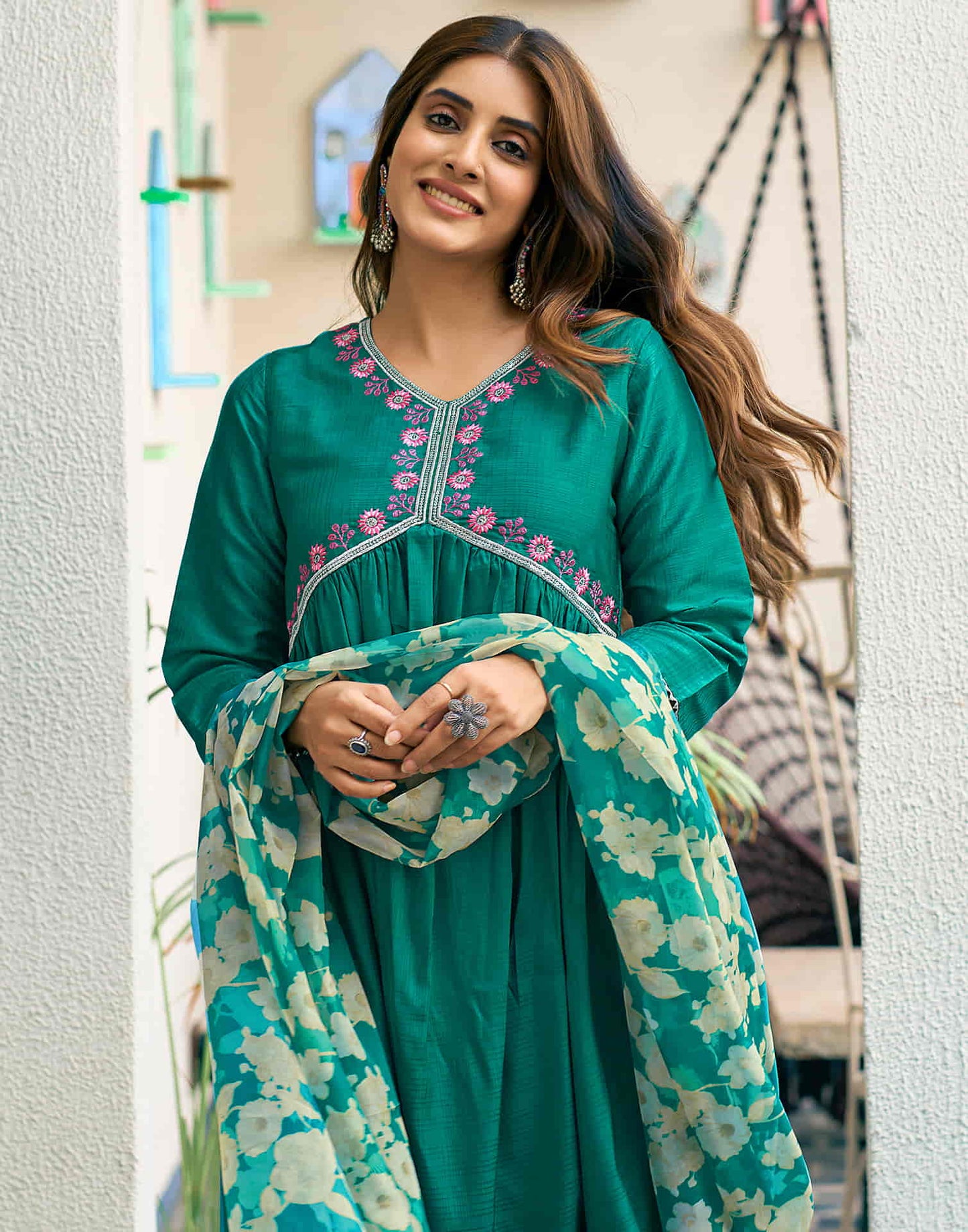 Teal Green Sequence Simba Check Flared Kurta With Pant And Dupatta