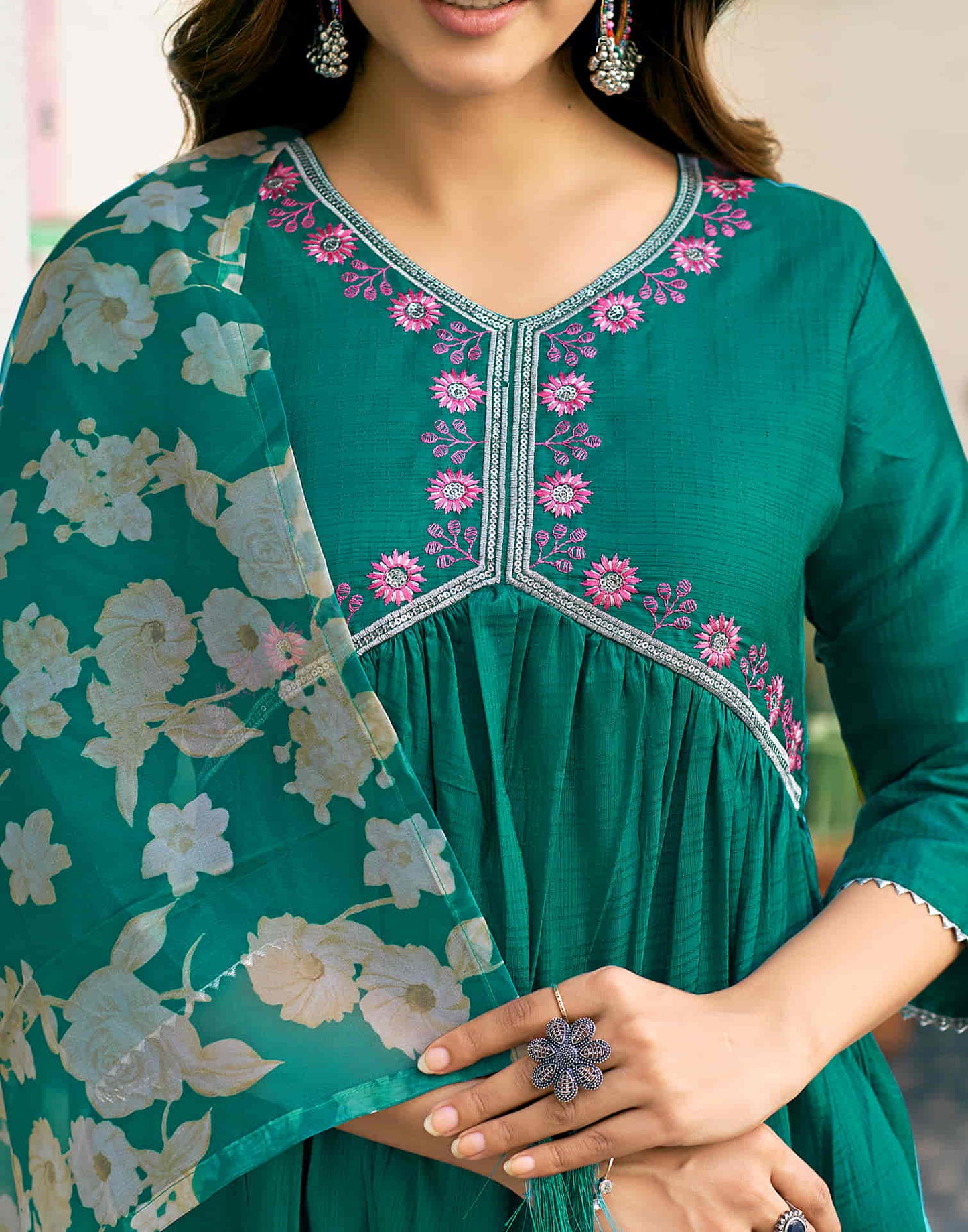 Teal Green Sequence Simba Check Flared Kurta With Pant And Dupatta