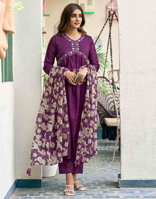 Dark Magenta Sequence Simba Check Flared Kurta With Pant And Dupatta