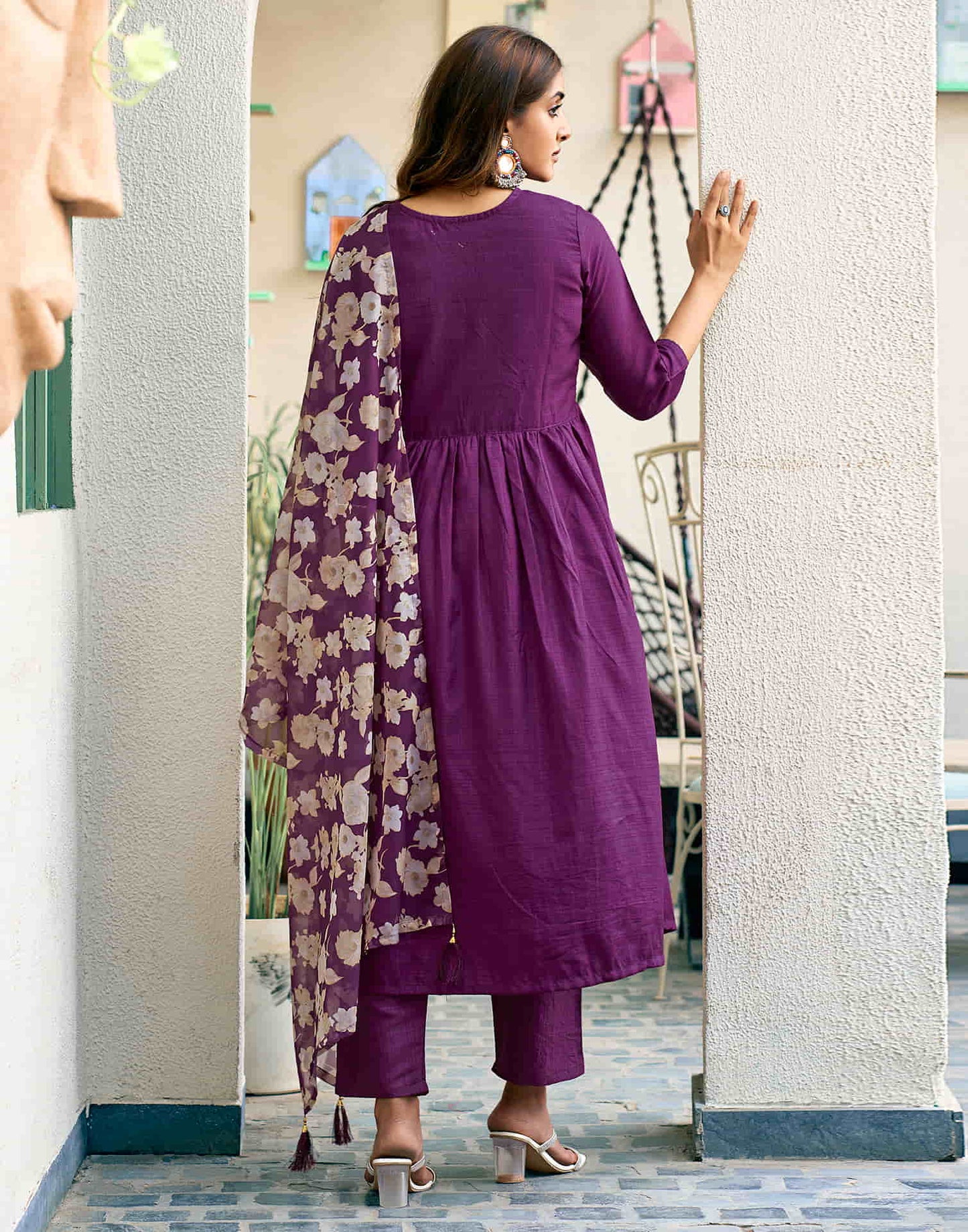 Dark Magenta Sequence Simba Check Flared Kurta With Pant And Dupatta