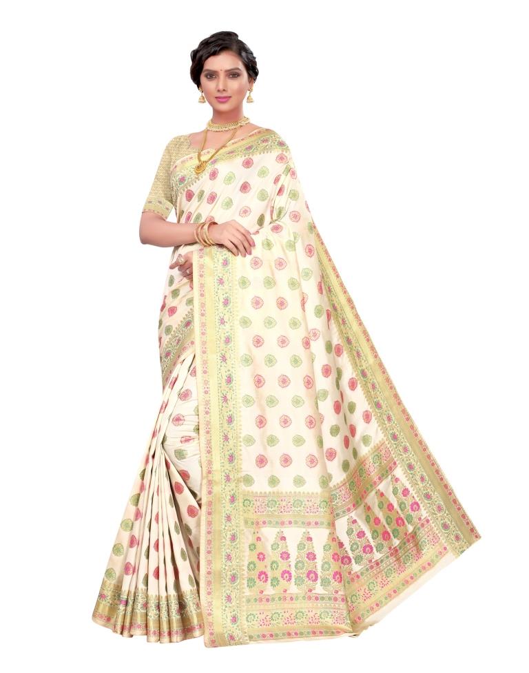 Ivory Coloured Poly Silk Jacquard Partywear saree | Leemboodi