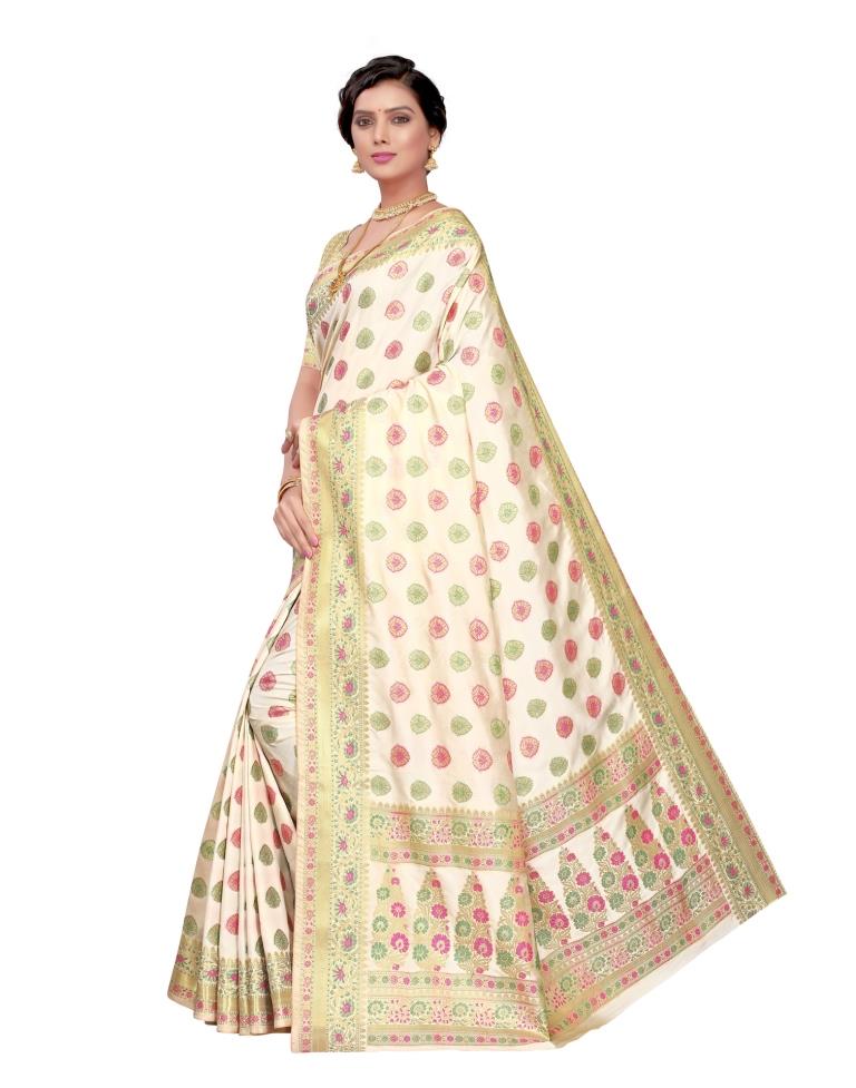 Ivory Coloured Poly Silk Jacquard Partywear saree | Leemboodi