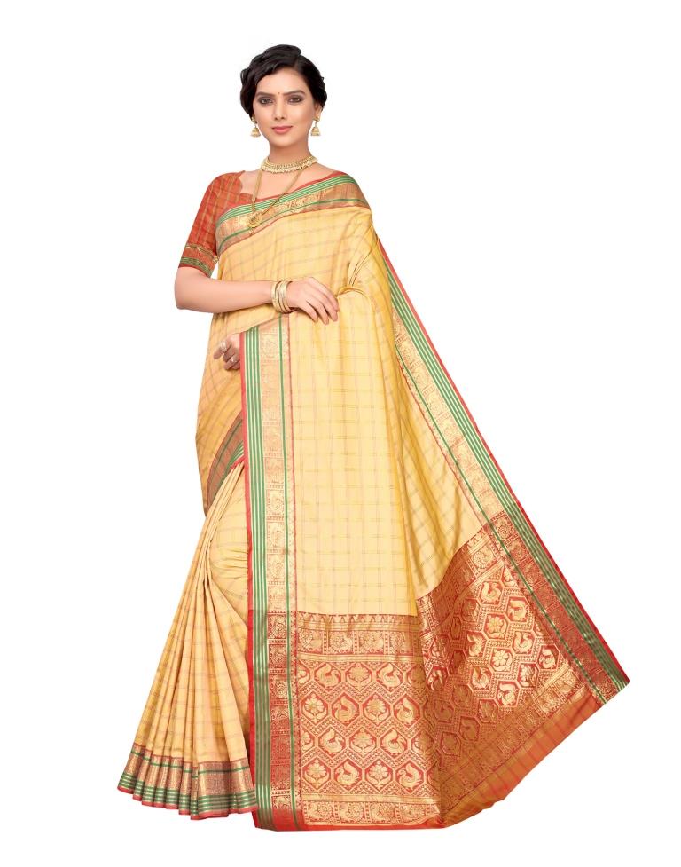 Cream Coloured Poly Silk Jacquard Partywear saree | Leemboodi