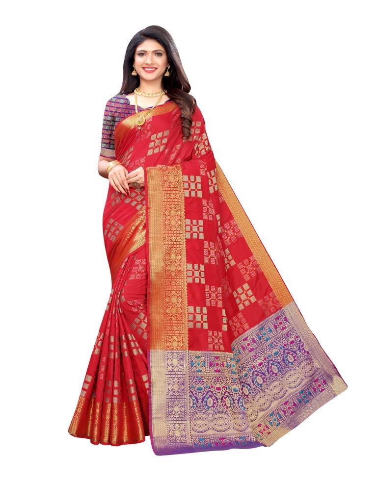 Red Coloured Poly Silk Jacquard Partywear saree | Leemboodi