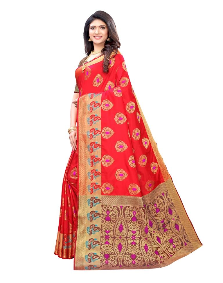 Red Coloured Poly Silk Jacquard Partywear saree | Leemboodi