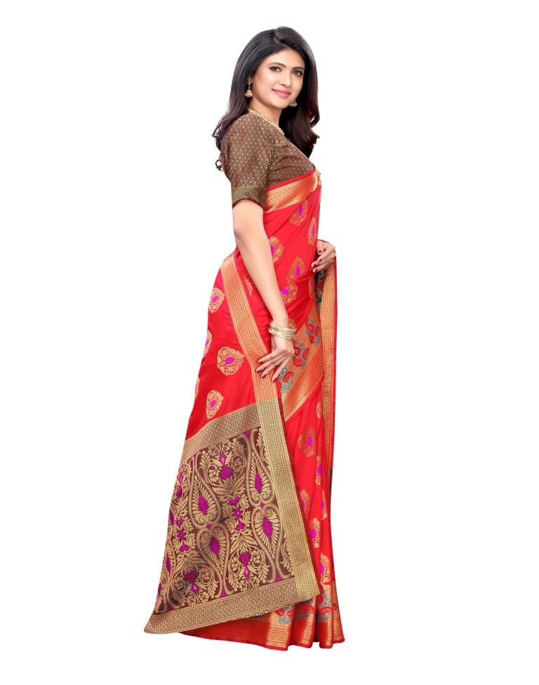 Red Coloured Poly Silk Jacquard Partywear saree | Leemboodi