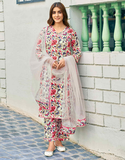 Cream Printed Rayon Straight Kurta With Pant And Dupatta