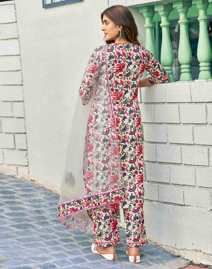 Cream Printed Rayon Straight Kurta With Pant And Dupatta