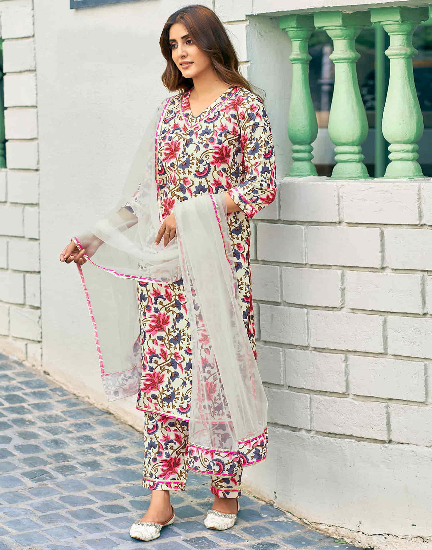 Cream Printed Rayon Straight Kurta With Pant And Dupatta