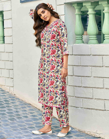 Cream Printed Rayon Straight Kurta With Pant And Dupatta