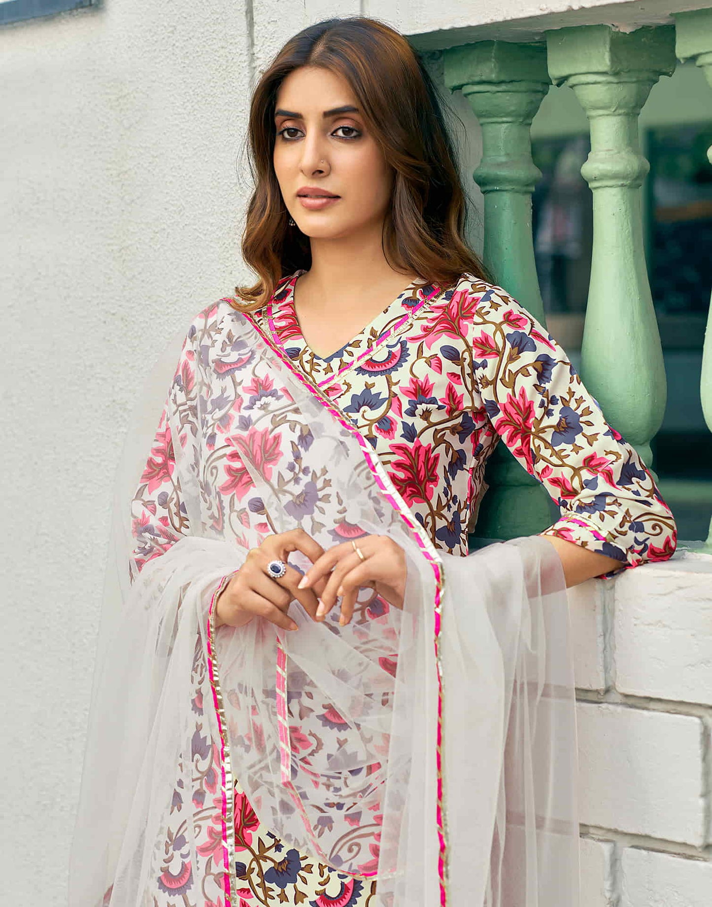 Cream Printed Rayon Straight Kurta With Pant And Dupatta