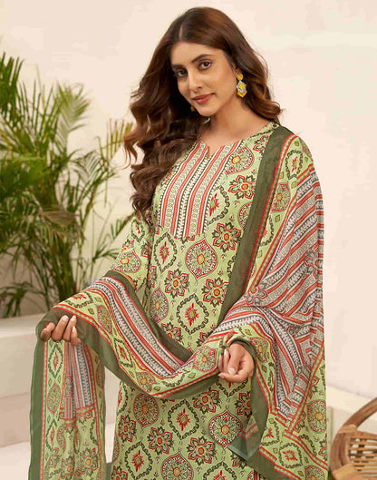 Light Green Printed Rayon Straight Kurta With Pant And Dupatta