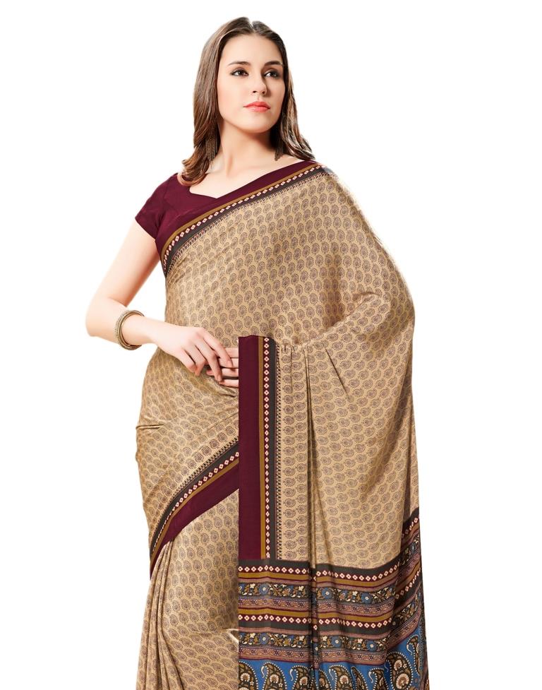 Cream Coloured Printed Silk Saree | Leemboodi