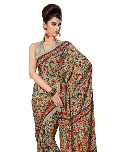 Beige Tan Coloured Printed Silk Saree | Sudathi