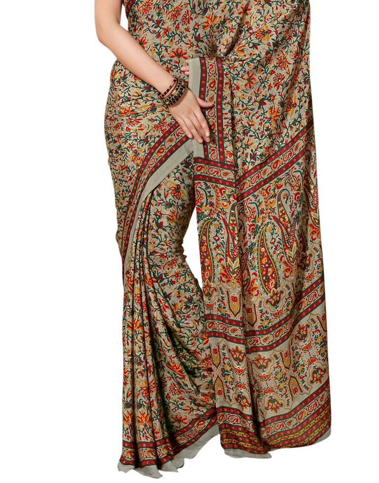 Beige Tan Coloured Printed Silk Saree | Sudathi