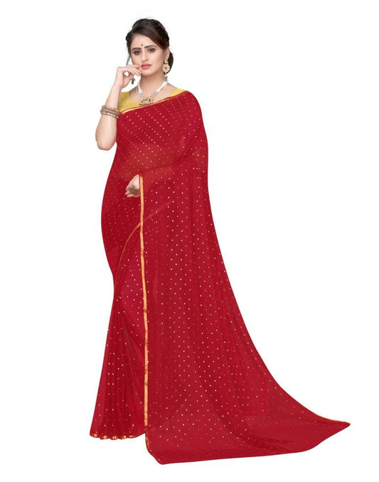 Red Coloured Chiffon Foil Printed Jari Border Casual saree | Leemboodi