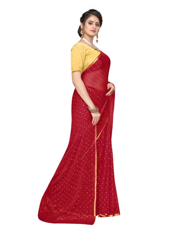 Red Coloured Chiffon Foil Printed Jari Border Casual saree | Leemboodi