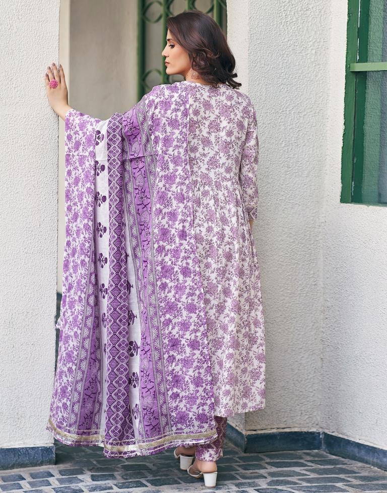 White Cotton Printed Flared Kurta Set