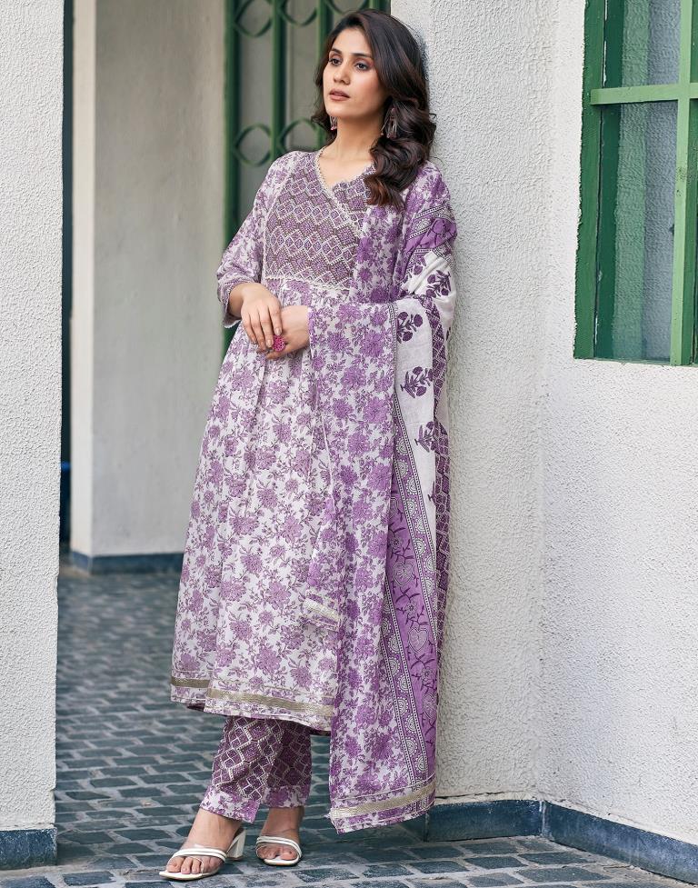 White Cotton Printed Flared Kurta Set