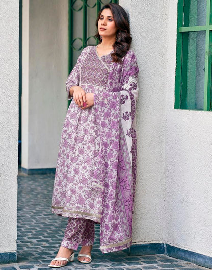 White Cotton Printed Flared Kurta Set