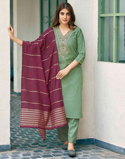 Pista Green Sequence Cotton Straight Kurta With Pant And Dupatta