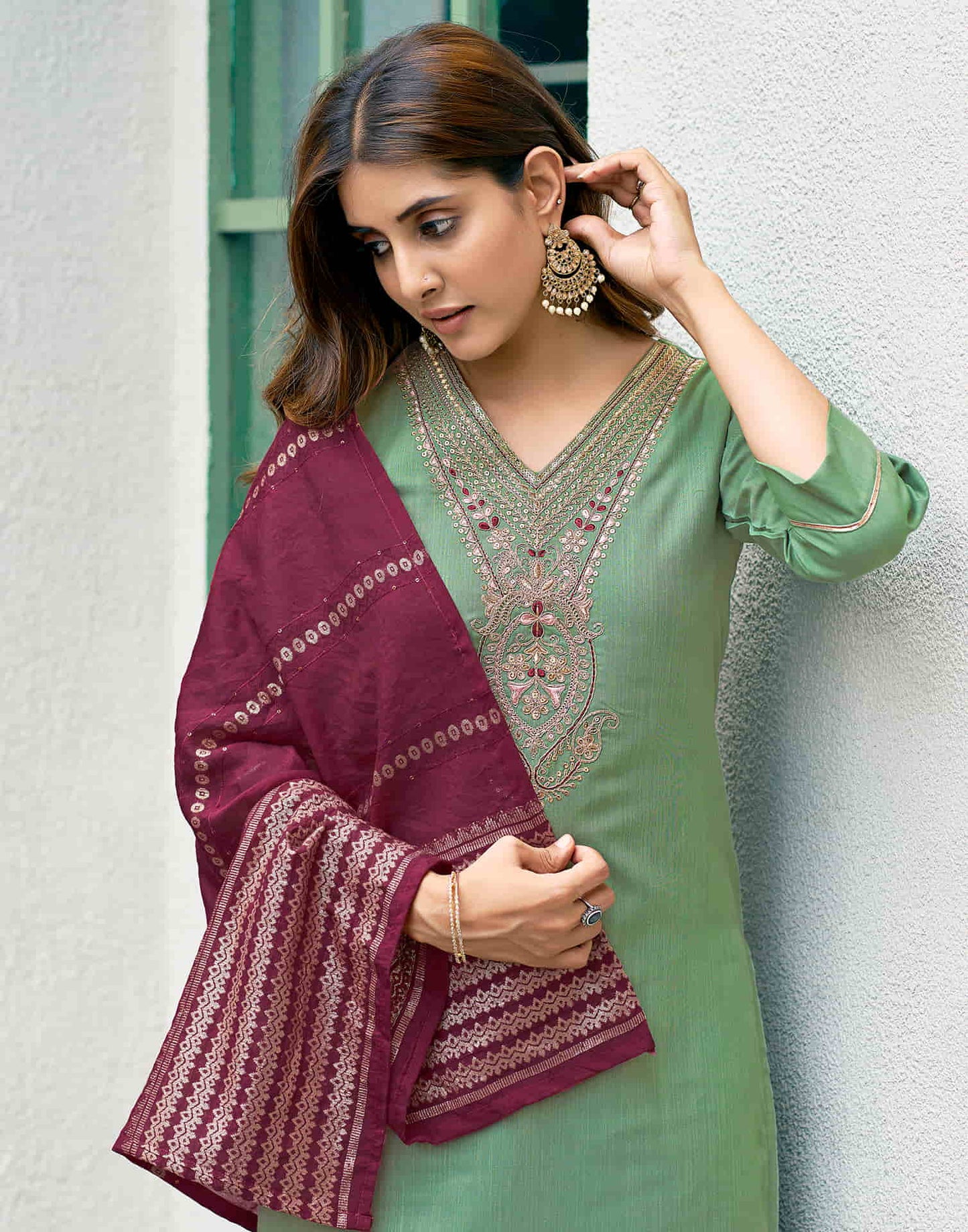 Pista Green Sequence Cotton Straight Kurta With Pant And Dupatta