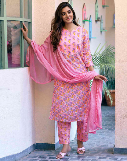 Pink Printed Rayon Straight Kurta With Pant And Dupatta