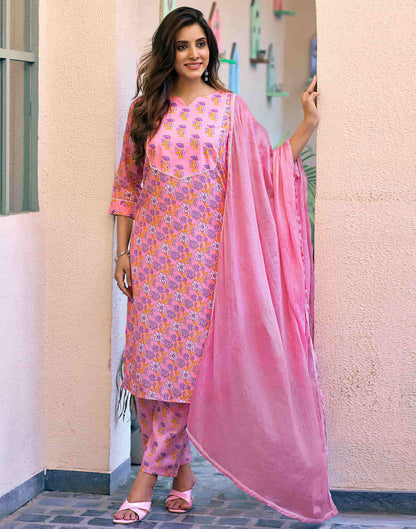 Pink Printed Rayon Straight Kurta With Pant And Dupatta