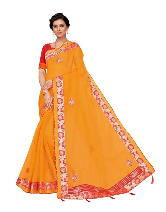 Yellow Coloured Poly Cotton Embroidered Partywear saree | Leemboodi