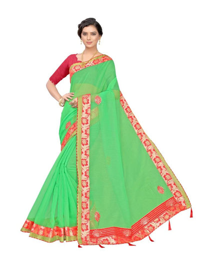 Green Coloured Poly Cotton Embroidered Partywear saree | Leemboodi
