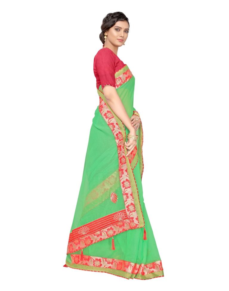 Green Coloured Poly Cotton Embroidered Partywear saree | Leemboodi