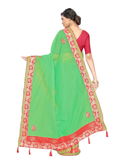 Green Coloured Poly Cotton Embroidered Partywear saree | Leemboodi