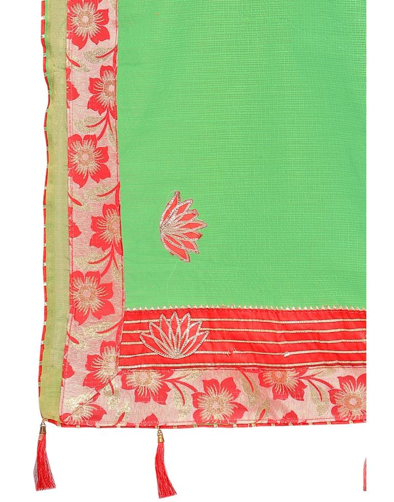 Green Coloured Poly Cotton Embroidered Partywear saree | Leemboodi