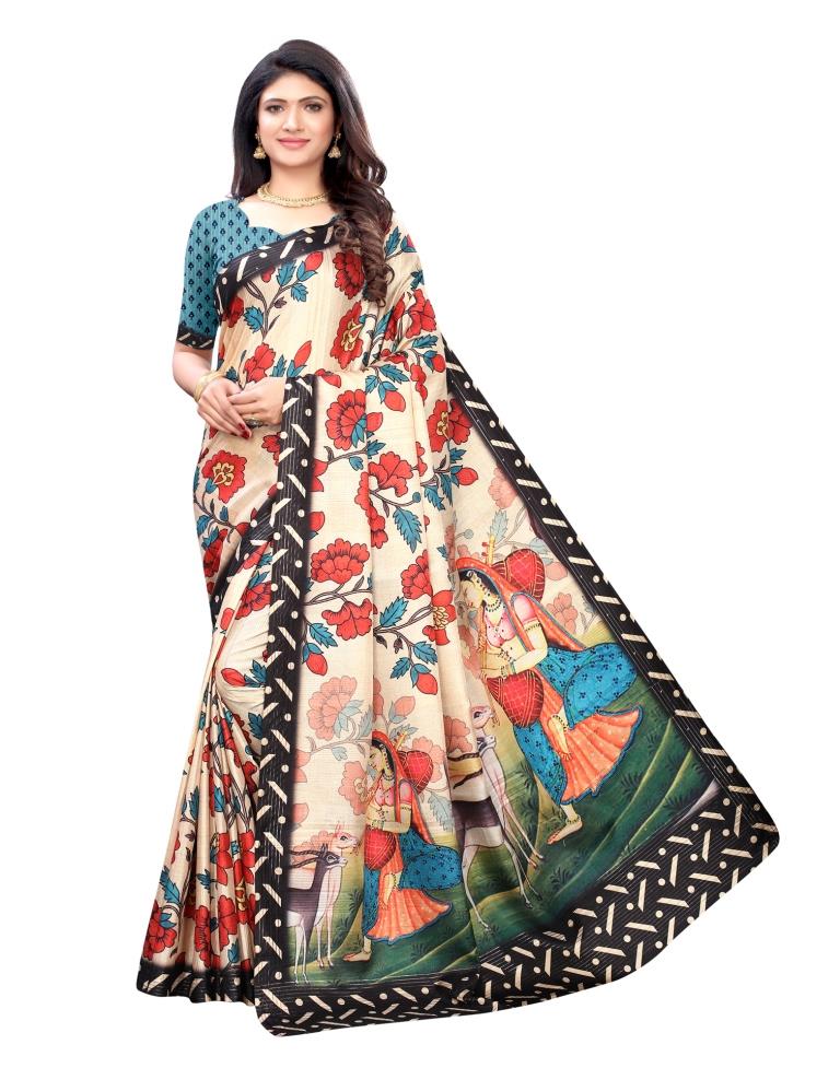 Cream Coloured Poly Silk Digital Printed Partywear saree | Leemboodi