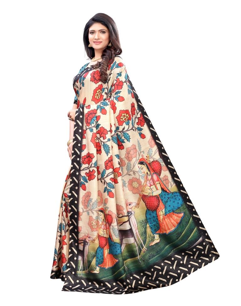 Cream Coloured Poly Silk Digital Printed Partywear saree | Leemboodi